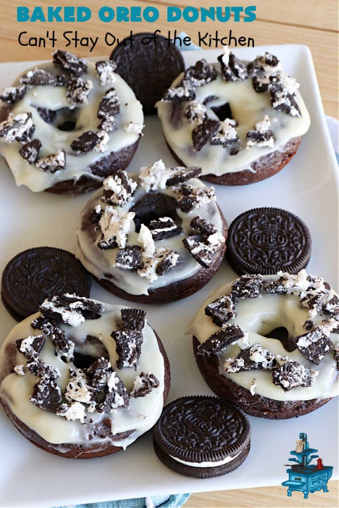 Baked Oreo Donuts | Can't Stay Out of the Kitchen | these fantastic homemade #donuts are absolutely irresistible. They're filled with #OreoCookies & #chocolate extract. The donuts are glazed with a #CreamCheese icing plus more #OreoCookieCrumbs. Perfect for a #holiday #breakfast or #brunch like #Thanksgiving, #Christmas or #NewYearsDay. #HolidayBreakfast #BakedOreoDonuts