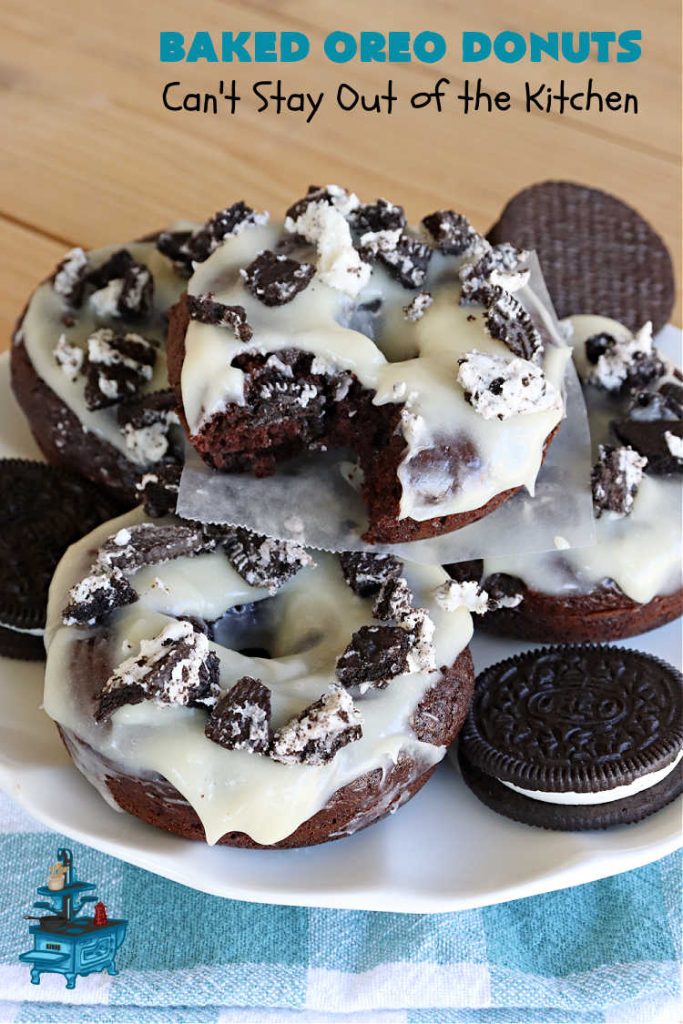 Baked Oreo Donuts | Can't Stay Out of the Kitchen | these fantastic homemade #donuts are absolutely irresistible. They're filled with #OreoCookies & #chocolate extract. The donuts are glazed with a #CreamCheese icing plus more #OreoCookieCrumbs. Perfect for a #holiday #breakfast or #brunch like #Thanksgiving, #Christmas or #NewYearsDay. #HolidayBreakfast #BakedOreoDonutsBaked Oreo Donuts | Can't Stay Out of the Kitchen | these fantastic homemade #donuts are absolutely irresistible. They're filled with #OreoCookies & #chocolate extract. The donuts are glazed with a #CreamCheese icing plus more #OreoCookieCrumbs. Perfect for a #holiday #breakfast or #brunch like #Thanksgiving, #Christmas or #NewYearsDay. #HolidayBreakfast #BakedOreoDonuts