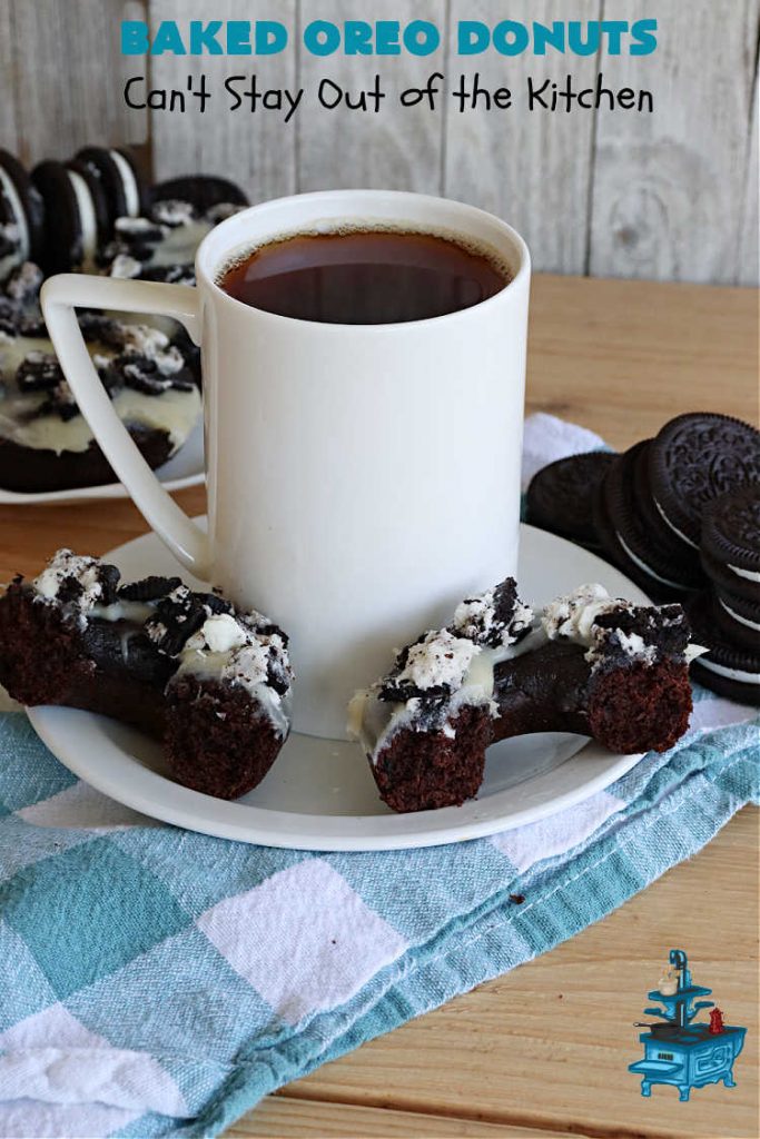 Baked Oreo Donuts | Can't Stay Out of the Kitchen | these fantastic homemade #donuts are absolutely irresistible. They're filled with #OreoCookies & #chocolate extract. The donuts are glazed with a #CreamCheese icing plus more #OreoCookieCrumbs. Perfect for a #holiday #breakfast or #brunch like #Thanksgiving, #Christmas or #NewYearsDay. #HolidayBreakfast #BakedOreoDonuts