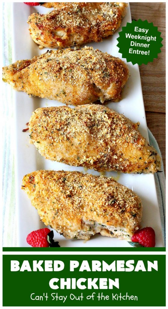 Baked Parmesan Chicken | Can't Stay Out of the Kitchen | this easy & delicious #chicken entree can be oven ready in about 5 minutes! It's perfect for weeknight or company dinners. #ParmesanCheese #BakedParmesanChicken