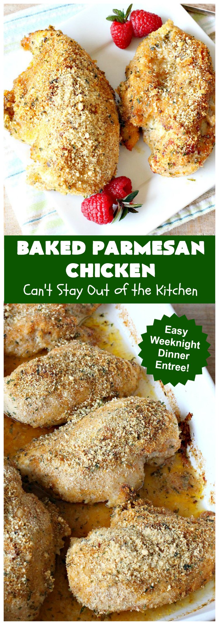Baked Parmesan Chicken | Can't Stay Out of the Kitchen | this easy & delicious #chicken entree can be oven ready in about 5 minutes! It's perfect for weeknight or company dinners. #ParmesanCheese #BakedParmesanChicken