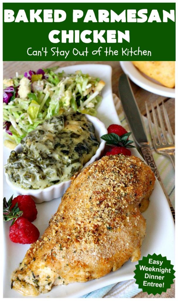 Baked Parmesan Chicken | Can't Stay Out of the Kitchen | this easy & delicious #chicken entree can be oven ready in about 5 minutes! It's perfect for weeknight or company dinners. #ParmesanCheese #BakedParmesanChicken