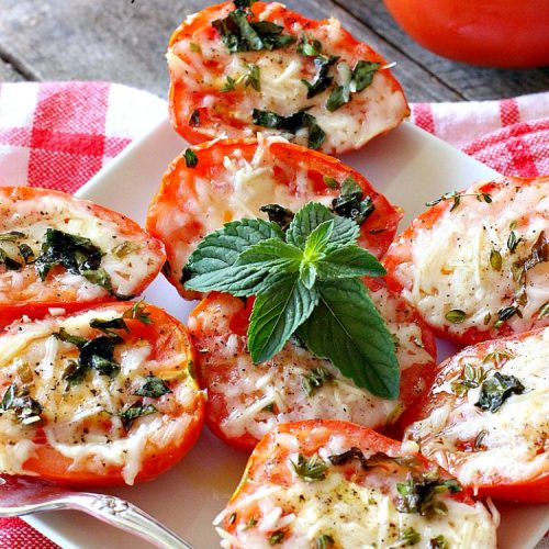 Baked Parmesan Tomatoes | Can't Stay Out of the Kitchen | this quick & easy #sidedish is so mouthwatering. #Tomatoes are layered with fresh #basil & #oregano, #parmesancheese & drizzled with olive oil. This is a terrific #vegetable for company or #holiday dinners. Our company raved over it. #veggie #glutenfree #casserole