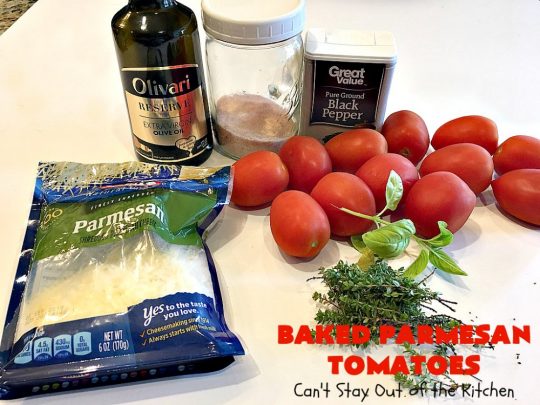 Baked Parmesan Tomatoes | Can't Stay Out of the Kitchen | this quick & easy #sidedish is so mouthwatering. #Tomatoes are layered with fresh #basil & #oregano, #parmesancheese & drizzled with olive oil. This is a terrific #vegetable for company or #holiday dinners. Our company raved over it. #veggie #glutenfree #casserole
