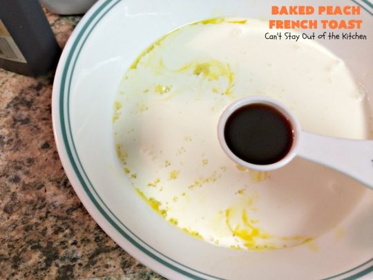 Baked Peach French Toast | Can't Stay Out of the Kitchen | this is a spectacular #FrenchToast #breakfast entree especially for #holidays like #Thanksgiving or #Christmas. It's great for company breakfasts too. It's made with #PeachPieFilling & #CinnamonRaisinBread. #Peaches #PeachFrenchToast #BakedPeachFrenchToast
