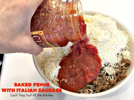 Baked Penne with Italian Sausage | Can't Stay Out of the Kitchen | Everyone raves over this fantastic #pasta recipe with #ItalianSausage & several kinds of #cheese! Easy weeknight dinner.