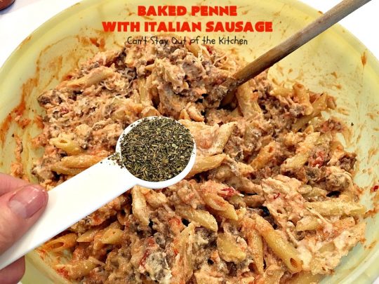 Baked Penne with Italian Sausage | Can't Stay Out of the Kitchen | Everyone raves over this fantastic #pasta recipe with #ItalianSausage & several kinds of #cheese! Easy weeknight dinner.