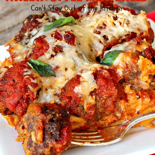 Baked Penne with Italian-Style Meatballs | Can't Stay Out of the Kitchen | this sensational #pasta #recipe is layered like a #lasagna. The bottom layer has #penne mixed with 3 #cheeses including #ricotta. It's topped with #meatballs, #spaghettisauce & both #parmesan & #mozzarella cheeses. Perfect company entree. #pinenuts #groundbeef
