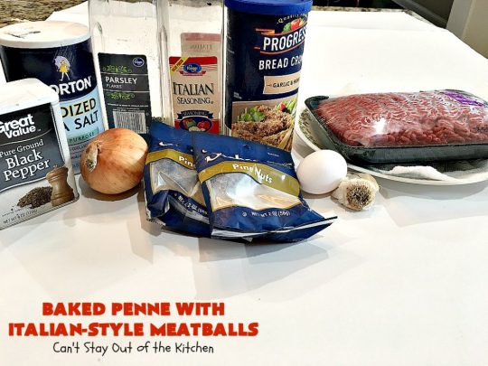 Baked Penne with Italian-Style Meatballs | Can't Stay Out of the Kitchen | this sensational #pasta #recipe is layered like a #lasagna. The bottom layer has #penne mixed with 3 #cheeses including #ricotta. It's topped with #meatballs, #spaghettisauce & both #parmesan & #mozzarella cheeses. Perfect company entree. #pinenuts #groundbeef