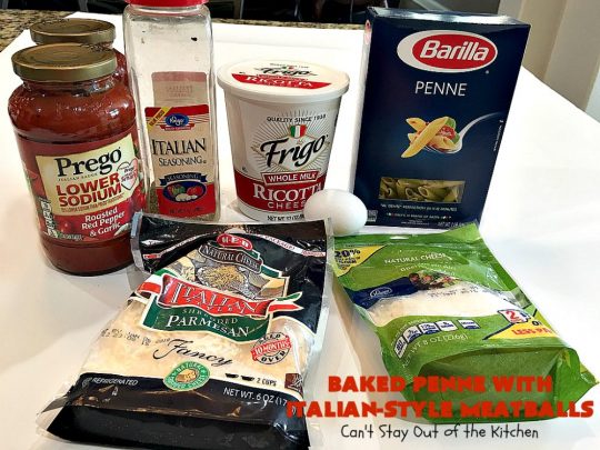Baked Penne with Italian-Style Meatballs | Can't Stay Out of the Kitchen | this sensational #pasta #recipe is layered like a #lasagna. The bottom layer has #penne mixed with 3 #cheeses including #ricotta. It's topped with #meatballs, #spaghettisauce & both #parmesan & #mozzarella cheeses. Perfect company entree. #pinenuts #groundbeef