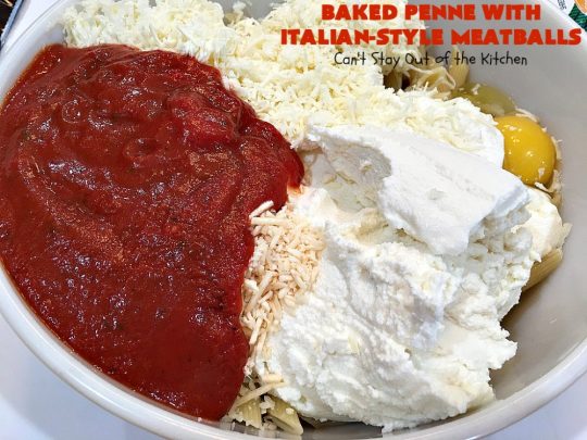 Baked Penne with Italian-Style Meatballs | Can't Stay Out of the Kitchen | this sensational #pasta #recipe is layered like a #lasagna. The bottom layer has #penne mixed with 3 #cheeses including #ricotta. It's topped with #meatballs, #spaghettisauce & both #parmesan & #mozzarella cheeses. Perfect company entree. #pinenuts #groundbeef