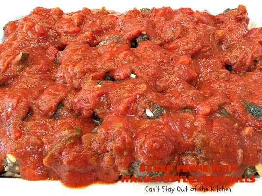 Baked Penne with Italian-Style Meatballs | Can't Stay Out of the Kitchen | this sensational #pasta #recipe is layered like a #lasagna. The bottom layer has #penne mixed with 3 #cheeses including #ricotta. It's topped with #meatballs, #spaghettisauce & both #parmesan & #mozzarella cheeses. Perfect company entree. #pinenuts #groundbeef