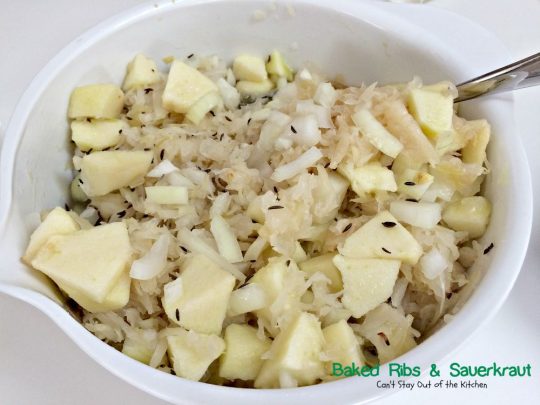 Baked Ribs & Sauerkraut | Can't Stay Out of the Kitchen | wonderful old-world recipe. The #sauerkraut is mixed with #apples, onions, brown sugar and caraway seeds for delightful taste. #pork #ribs