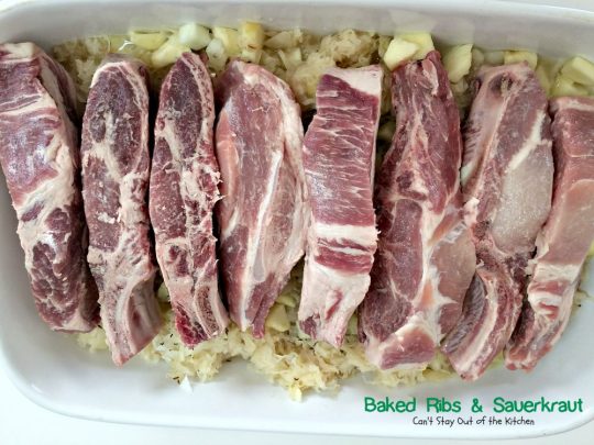 Baked Ribs & Sauerkraut | Can't Stay Out of the Kitchen | wonderful old-world recipe. The #sauerkraut is mixed with #apples, onions, brown sugar and caraway seeds for delightful taste. #pork #ribs