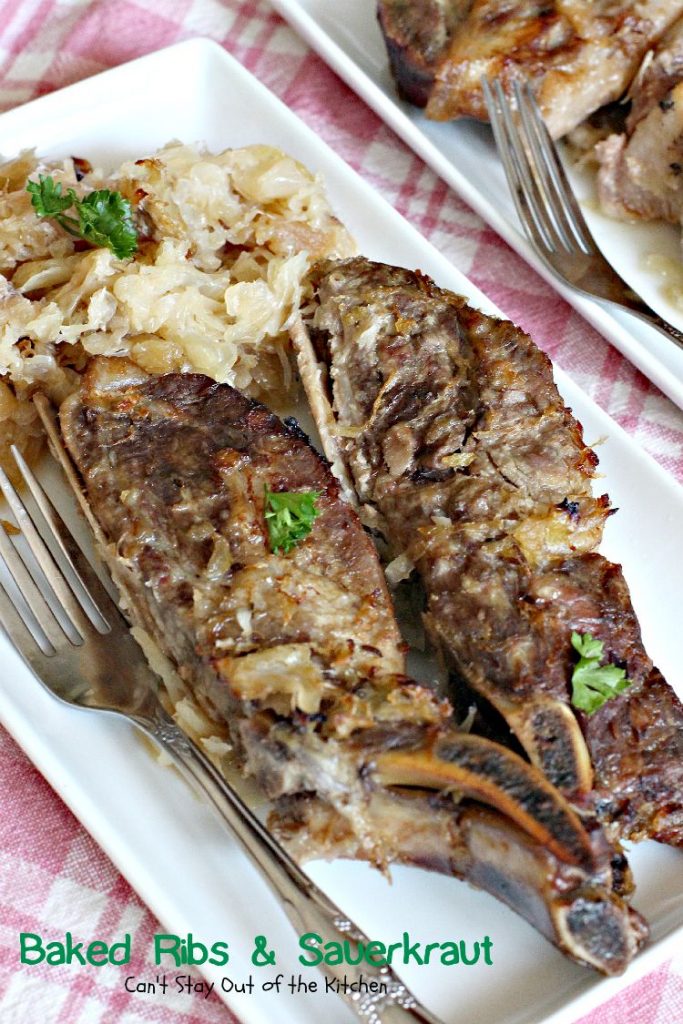 Baked Ribs & Sauerkraut | Can't Stay Out of the Kitchen | wonderful old-world recipe. The #sauerkraut is mixed with #apples, onions, brown sugar and caraway seeds for delightful taste. #pork #ribs