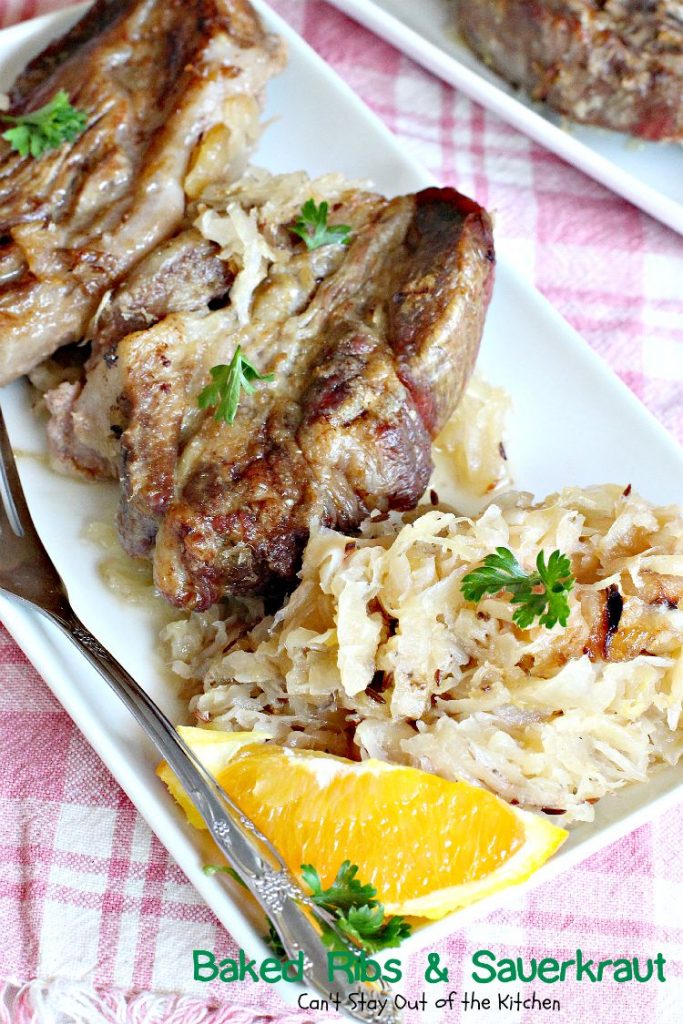 Baked Ribs & Sauerkraut | Can't Stay Out of the Kitchen | wonderful old-world recipe. The #sauerkraut is mixed with #apples, onions, brown sugar and caraway seeds for delightful taste. #pork #ribs