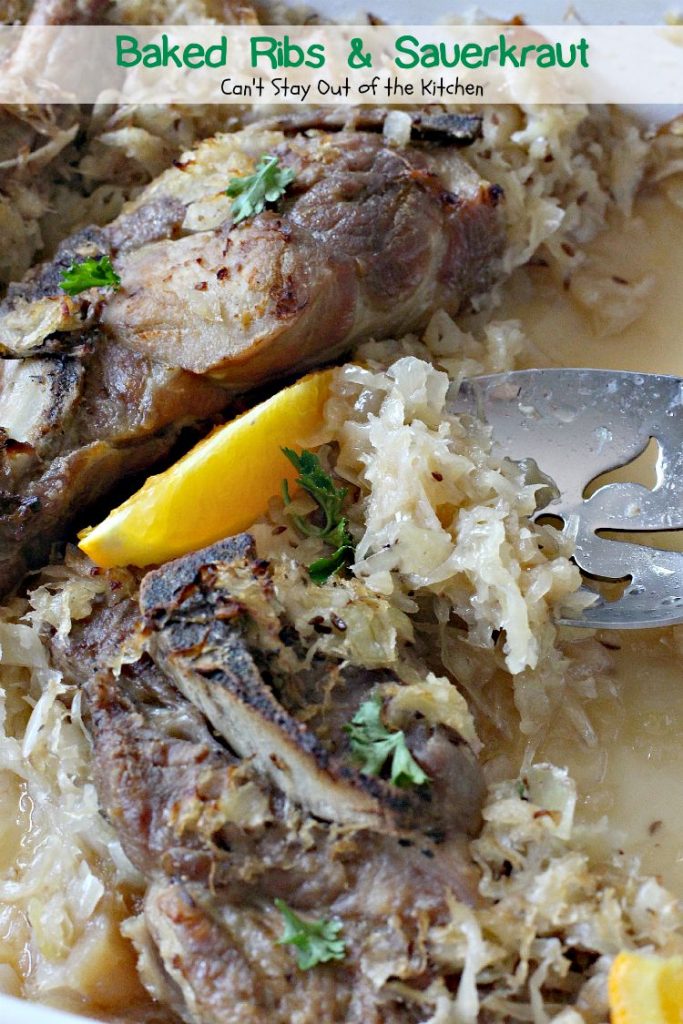 Baked Ribs & Sauerkraut | Can't Stay Out of the Kitchen | wonderful old-world recipe. The #sauerkraut is mixed with #apples, onions, brown sugar and caraway seeds for delightful taste. #pork #ribs