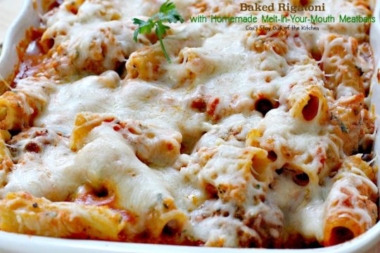 Baked Rigatoni with Homemade Melt-In-Your-Mouth Meatballs | Can't Stay Out of the Kitchen | homemade #meatballs cook in #spaghettisauce then are layered with a #rigatoni & #ricottacheese mixture with both #parmesan and #mozzarella cheeses on top. So delectable you won't be able to stop eating! #pasta