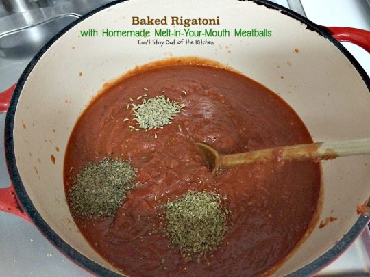 Baked Rigatoni with Homemade Melt-In-Your-Mouth Meatballs | Can't Stay Out of the Kitchen | homemade #meatballs cook in #spaghettisauce then are layered with a #rigatoni & #ricottacheese mixture with both #parmesan and #mozzarella cheeses on top. So delectable you won't be able to stop eating! #pasta