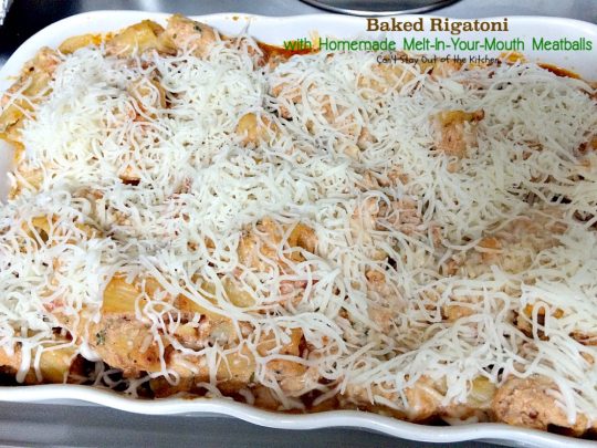 Baked Rigatoni with Homemade Melt-In-Your-Mouth Meatballs | Can't Stay Out of the Kitchen | homemade #meatballs cook in #spaghettisauce then are layered with a #rigatoni & #ricottacheese mixture with both #parmesan and #mozzarella cheeses on top. So delectable you won't be able to stop eating! #pasta