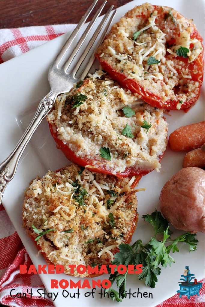 Baked Tomatoes Romano | Can't Stay Out of the Kitchen | this fantastic #SideDish is so mouthwatering and wonderful for company or #holiday meals. It's made with #breadcrumbs to give it a little body, and has #garlic, #RomanoCheese, fresh #parsley, #oregano & olive oil to add flavor and depth. It layers easily and can be whipped up in no time. This #casserole pairs delightfully with any entree. #tomatoes #Italian #BakedTomatoes #BakedTomatoesRomano