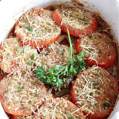 Baked Tomatoes Romano | Can't Stay Out of the Kitchen | this fantastic #SideDish is so mouthwatering and wonderful for company or #holiday meals. It's made with #breadcrumbs to give it a little body, and has #garlic, #RomanoCheese, fresh #parsley, #oregano & olive oil to add flavor and depth. It layers easily and can be whipped up in no time. This #casserole pairs delightfully with any entree. #tomatoes #Italian #BakedTomatoes #BakedTomatoesRomano