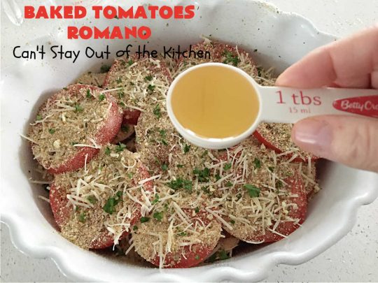 Baked Tomatoes Romano | Can't Stay Out of the Kitchen | this fantastic #SideDish is so mouthwatering and wonderful for company or #holiday meals. It's made with #breadcrumbs to give it a little body, and has #garlic, #RomanoCheese, fresh #parsley, #oregano & olive oil to add flavor and depth. It layers easily and can be whipped up in no time. This #casserole pairs delightfully with any entree. #tomatoes #Italian #BakedTomatoes #BakedTomatoesRomano