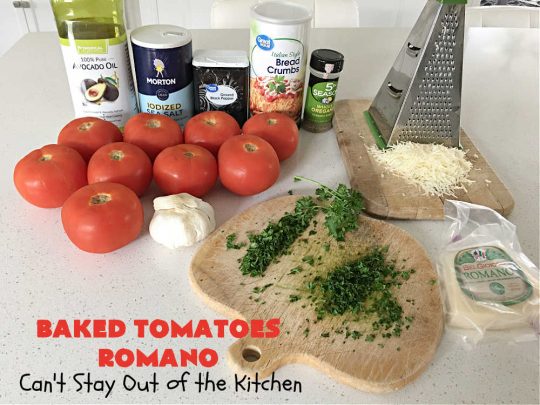 Baked Tomatoes Romano | Can't Stay Out of the Kitchen | this fantastic #SideDish is so mouthwatering and wonderful for company or #holiday meals. It's made with #breadcrumbs to give it a little body, and has #garlic, #RomanoCheese, fresh #parsley, #oregano & olive oil to add flavor and depth. It layers easily and can be whipped up in no time. This #casserole pairs delightfully with any entree. #tomatoes #Italian #BakedTomatoes #BakedTomatoesRomano