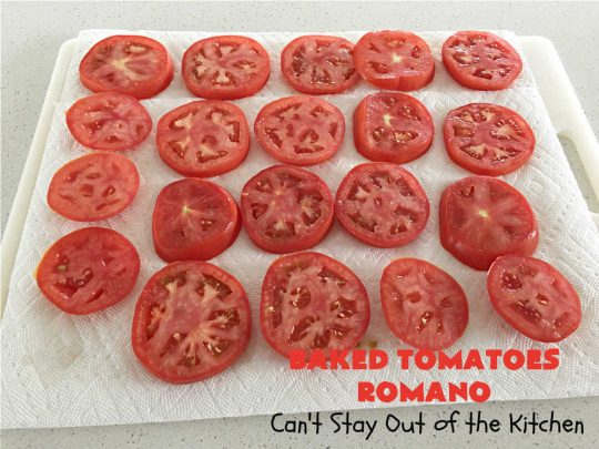 Baked Tomatoes Romano | Can't Stay Out of the Kitchen | this fantastic #SideDish is so mouthwatering and wonderful for company or #holiday meals. It's made with #breadcrumbs to give it a little body, and has #garlic, #RomanoCheese, fresh #parsley, #oregano & olive oil to add flavor and depth. It layers easily and can be whipped up in no time. This #casserole pairs delightfully with any entree. #tomatoes #Italian #BakedTomatoes #BakedTomatoesRomano