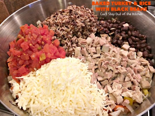 Baked Turkey and Rice with Black Beans | Can't Stay Out of the Kitchen | this delicious #TexMex #casserole is the perfect way to use up leftover #Thanksgiving #turkey! #glutenfree #rice #cheese #blackbeans