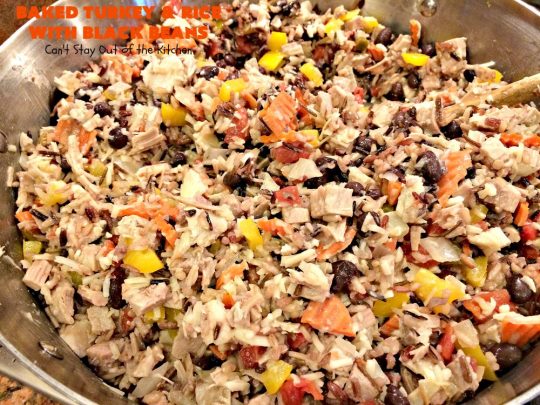 Baked Turkey and Rice with Black Beans | Can't Stay Out of the Kitchen | this delicious #TexMex #casserole is the perfect way to use up leftover #Thanksgiving #turkey! #glutenfree #rice #cheese #blackbeans