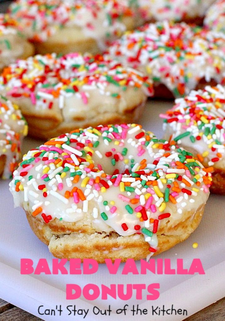 Baked Vanilla Donuts | Can't Stay Out of the Kitchen | Wow your #Thanksgiving or #Christmas #breakfast guests with these spectacular homemade #donuts. They are glazed 3 times in vanilla icing before adding #sprinkles. I made them a day in advance & they were still heavenly. #holiday #holidaybreakfast #ThanksgivingBreakfast #BakedDonuts #ChristmasBreakfast #vanilladonuts