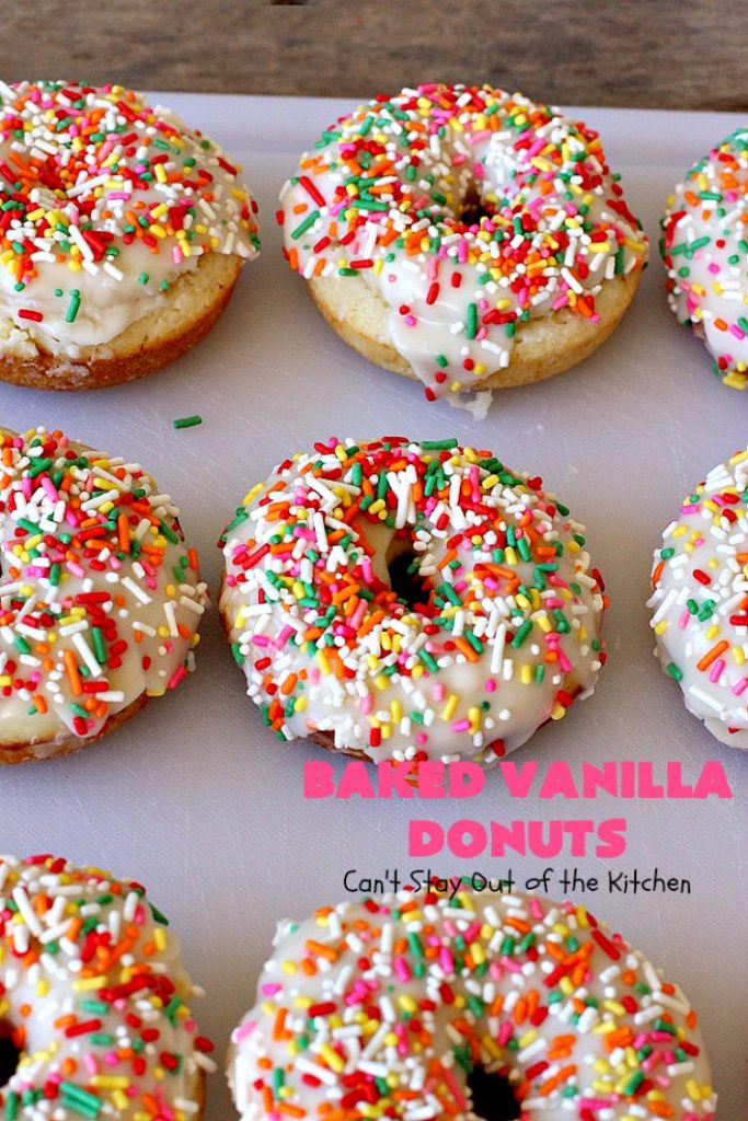 Baked Vanilla Donuts | Can't Stay Out of the Kitchen | Wow your #Thanksgiving or #Christmas #breakfast guests with these spectacular homemade #donuts. They are glazed 3 times in vanilla icing before adding #sprinkles. I made them a day in advance & they were still heavenly. #holiday #holidaybreakfast #ThanksgivingBreakfast #BakedDonuts #ChristmasBreakfast #vanilladonuts
