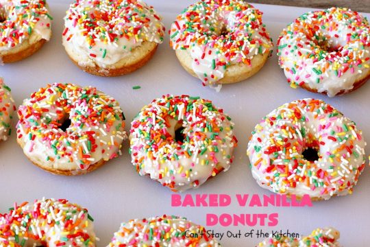 Baked Vanilla Donuts | Can't Stay Out of the Kitchen | Wow your #Thanksgiving or #Christmas #breakfast guests with these spectacular homemade #donuts. They are glazed 3 times in vanilla icing before adding #sprinkles. I made them a day in advance & they were still heavenly. #holiday #holidaybreakfast #ThanksgivingBreakfast #BakedDonuts #ChristmasBreakfast #vanilladonuts