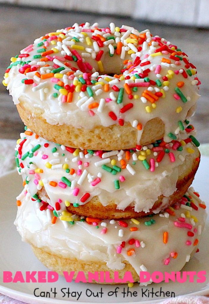 Baked Vanilla Donuts | Can't Stay Out of the Kitchen | Wow your #Thanksgiving or #Christmas #breakfast guests with these spectacular homemade #donuts. They are glazed 3 times in vanilla icing before adding #sprinkles. I made them a day in advance & they were still heavenly. #holiday #holidaybreakfast #ThanksgivingBreakfast #BakedDonuts #ChristmasBreakfast #vanilladonuts