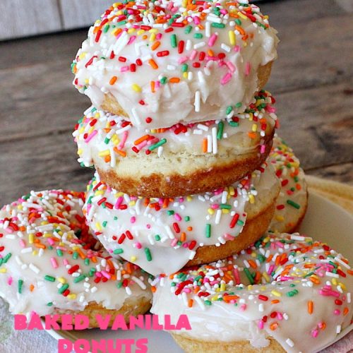 Baked Vanilla Donuts | Can't Stay Out of the Kitchen | Wow your #Thanksgiving or #Christmas #breakfast guests with these spectacular homemade #donuts. They are glazed 3 times in vanilla icing before adding #sprinkles. I made them a day in advance & they were still heavenly. #holiday #holidaybreakfast #ThanksgivingBreakfast #BakedDonuts #ChristmasBreakfast #vanilladonuts