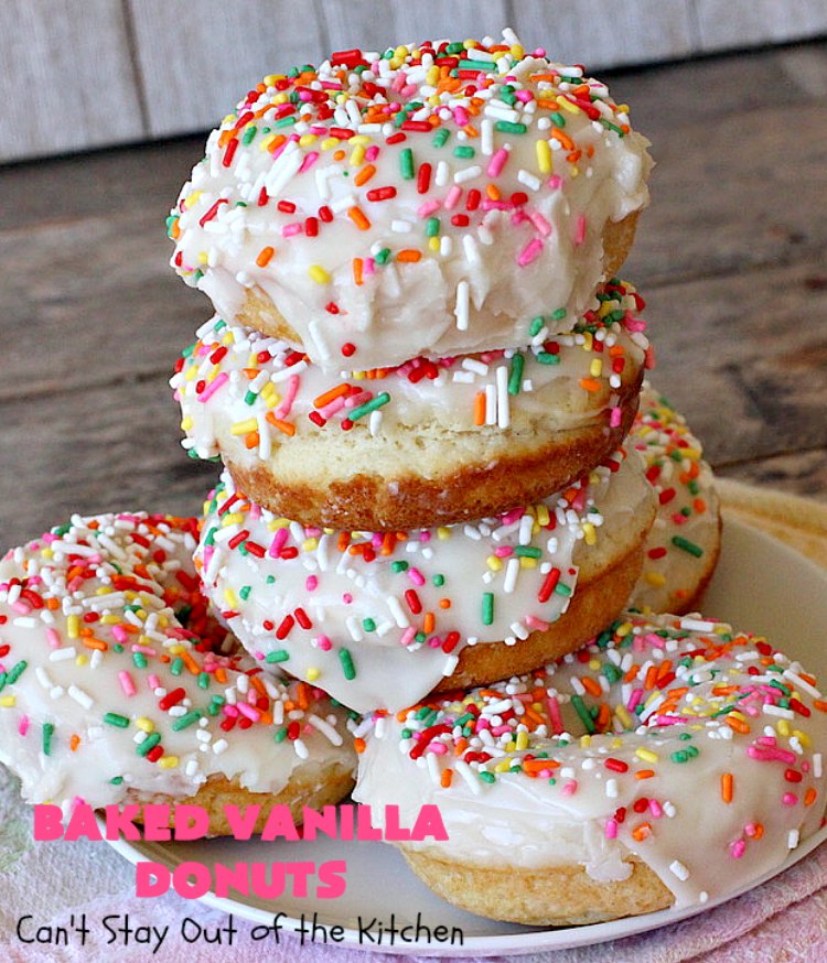 Baked Vanilla Donuts | Can't Stay Out of the Kitchen | Wow your #Thanksgiving or #Christmas #breakfast guests with these spectacular homemade #donuts. They are glazed 3 times in vanilla icing before adding #sprinkles. I made them a day in advance & they were still heavenly. #holiday #holidaybreakfast #ThanksgivingBreakfast #BakedDonuts #ChristmasBreakfast #vanilladonuts