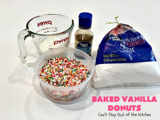 Baked Vanilla Donuts | Can't Stay Out of the Kitchen | Wow your #Thanksgiving or #Christmas #breakfast guests with these spectacular homemade #donuts. They are glazed 3 times in vanilla icing before adding #sprinkles. I made them a day in advance & they were still heavenly. #holiday #holidaybreakfast #ThanksgivingBreakfast #BakedDonuts #ChristmasBreakfast #vanilladonuts