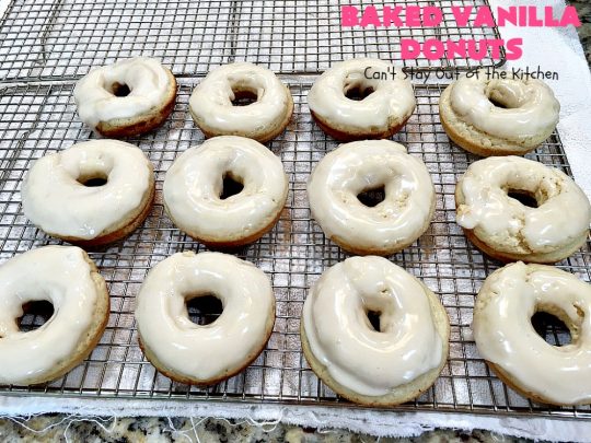 Baked Vanilla Donuts | Can't Stay Out of the Kitchen | Wow your #Thanksgiving or #Christmas #breakfast guests with these spectacular homemade #donuts. They are glazed 3 times in vanilla icing before adding #sprinkles. I made them a day in advance & they were still heavenly. #holiday #holidaybreakfast #ThanksgivingBreakfast #BakedDonuts #ChristmasBreakfast #vanilladonuts