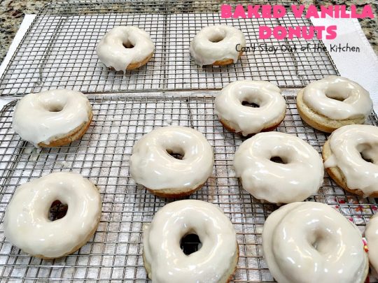 Baked Vanilla Donuts | Can't Stay Out of the Kitchen | Wow your #Thanksgiving or #Christmas #breakfast guests with these spectacular homemade #donuts. They are glazed 3 times in vanilla icing before adding #sprinkles. I made them a day in advance & they were still heavenly. #holiday #holidaybreakfast #ThanksgivingBreakfast #BakedDonuts #ChristmasBreakfast #vanilladonuts