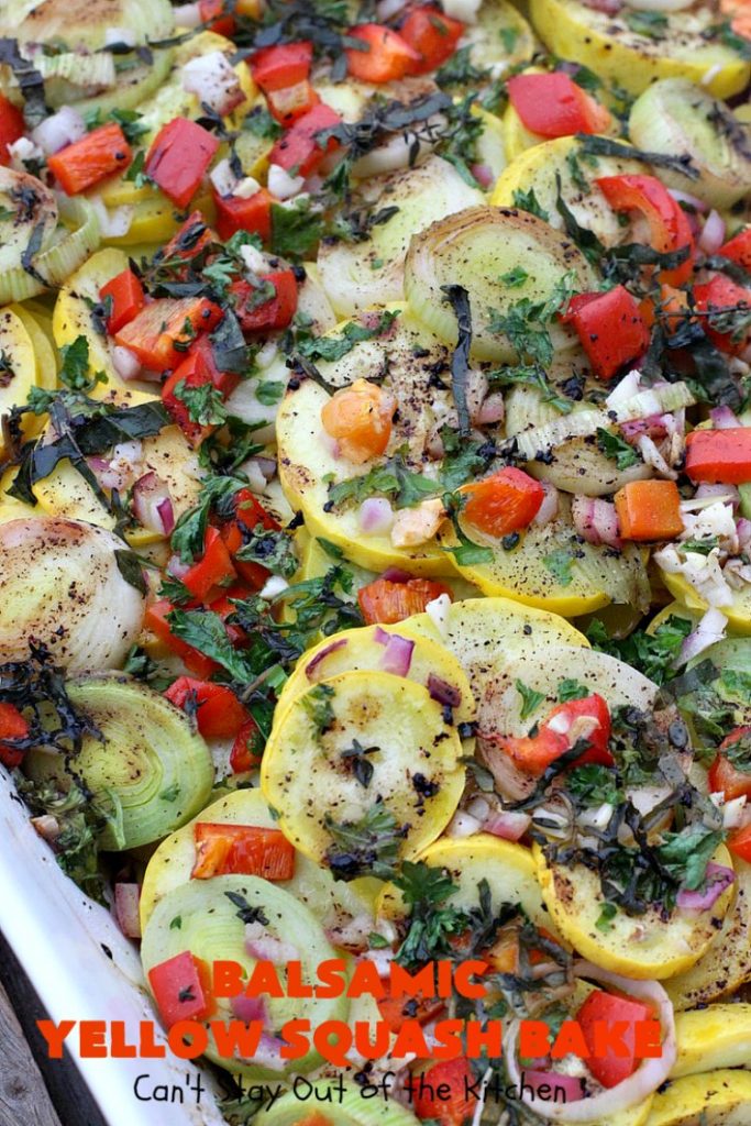 Balsamic Yellow Squash Bake | Can't Stay Out of the Kitchen | this delightful #SideDish has a lovely #OliveOil & #Balsamic #Vinaigrette drizzled over top before baking. It's a terrific #Veggie for #holiday, company or family dinners. It's also #healthy, #LowCalorie, #GlutenFree & #Vegan. #VeganSideDish #YellowSquash #GlutenFreeSideDish #EasterSideDish
