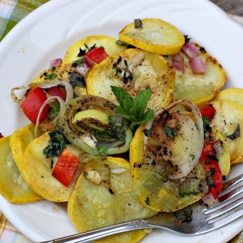 Balsamic Yellow Squash Bake | Can't Stay Out of the Kitchen | this delightful #SideDish has a lovely #OliveOil & #Balsamic #Vinaigrette drizzled over top before baking. It's a terrific #Veggie for #holiday, company or family dinners. It's also #healthy, #LowCalorie, #GlutenFree & #Vegan. #VeganSideDish #YellowSquash #GlutenFreeSideDish #EasterSideDish
