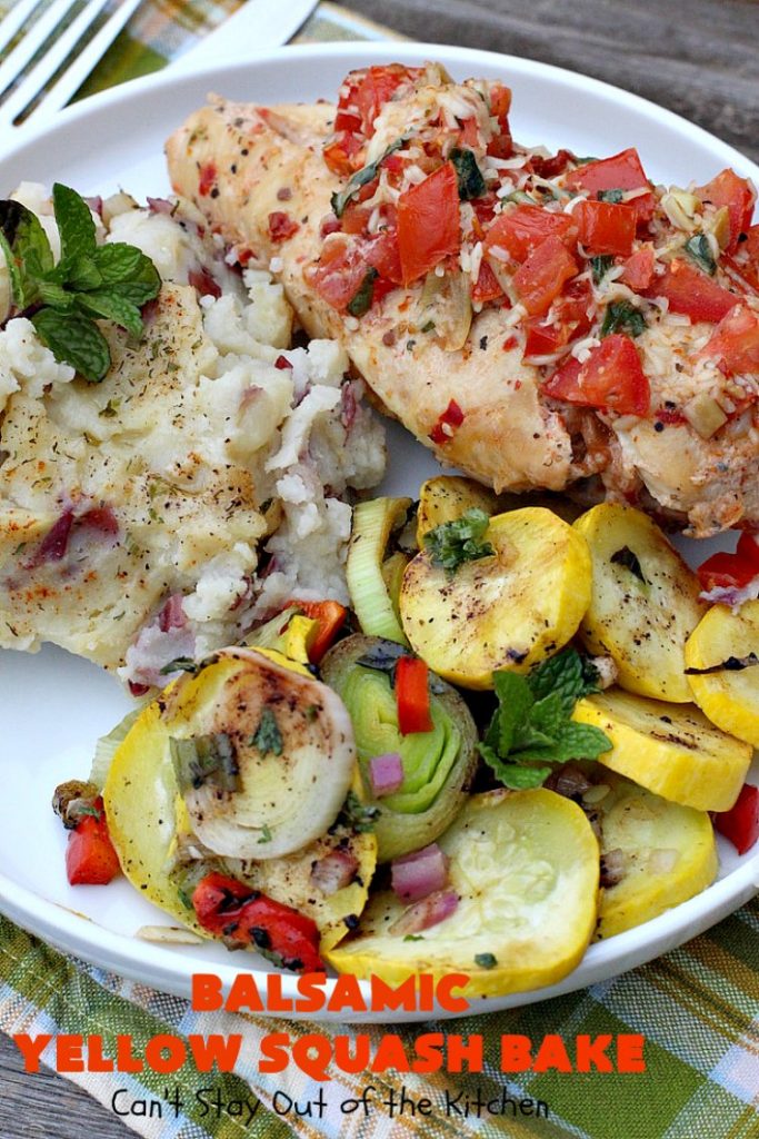 Balsamic Yellow Squash Bake | Can't Stay Out of the Kitchen | this delightful #SideDish has a lovely #OliveOil & #Balsamic #Vinaigrette drizzled over top before baking. It's a terrific #Veggie for #holiday, company or family dinners. It's also #healthy, #LowCalorie, #GlutenFree & #Vegan. #VeganSideDish #YellowSquash #GlutenFreeSideDish #EasterSideDish