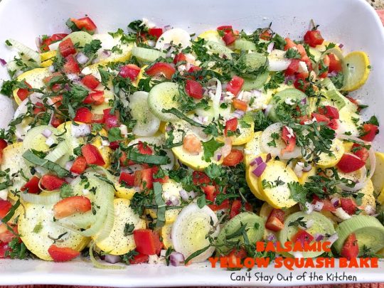 Balsamic Yellow Squash Bake | Can't Stay Out of the Kitchen | this delightful #SideDish has a lovely #OliveOil & #Balsamic #Vinaigrette drizzled over top before baking. It's a terrific #Veggie for #holiday, company or family dinners. It's also #healthy, #LowCalorie, #GlutenFree & #Vegan. #VeganSideDish #YellowSquash #GlutenFreeSideDish #EasterSideDish