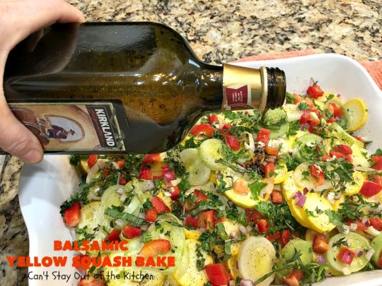 Balsamic Yellow Squash Bake | Can't Stay Out of the Kitchen | this delightful #SideDish has a lovely #OliveOil & #Balsamic #Vinaigrette drizzled over top before baking. It's a terrific #Veggie for #holiday, company or family dinners. It's also #healthy, #LowCalorie, #GlutenFree & #Vegan. #VeganSideDish #YellowSquash #GlutenFreeSideDish #EasterSideDish