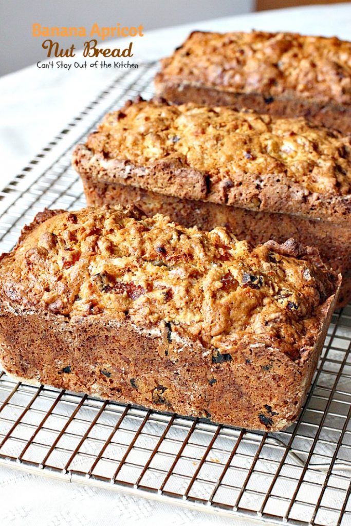 Banana Apricot Nut Bread | Can't Stay Out of the Kitchen | this fabulous sweet #bread is filled with #apricots #bananas #walnuts and #coconut & is absolutely heavenly. Great for #breakfast or to serve alongside your favorite soup. We spread it with cream cheese.