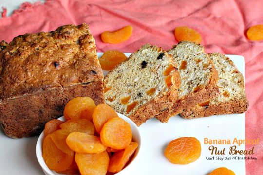 Banana Apricot Nut Bread | Can't Stay Out of the Kitchen | this fabulous sweet #bread is filled with #apricots #bananas #walnuts and #coconut & is absolutely heavenly. Great for #breakfast or to serve alongside your favorite soup. We spread it with cream cheese.