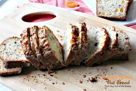 Banana Apricot Nut Bread | Can't Stay Out of the Kitchen | this fabulous sweet #bread is filled with #apricots #bananas #walnuts and #coconut & is absolutely heavenly. Great for #breakfast or to serve alongside your favorite soup. We spread it with cream cheese.