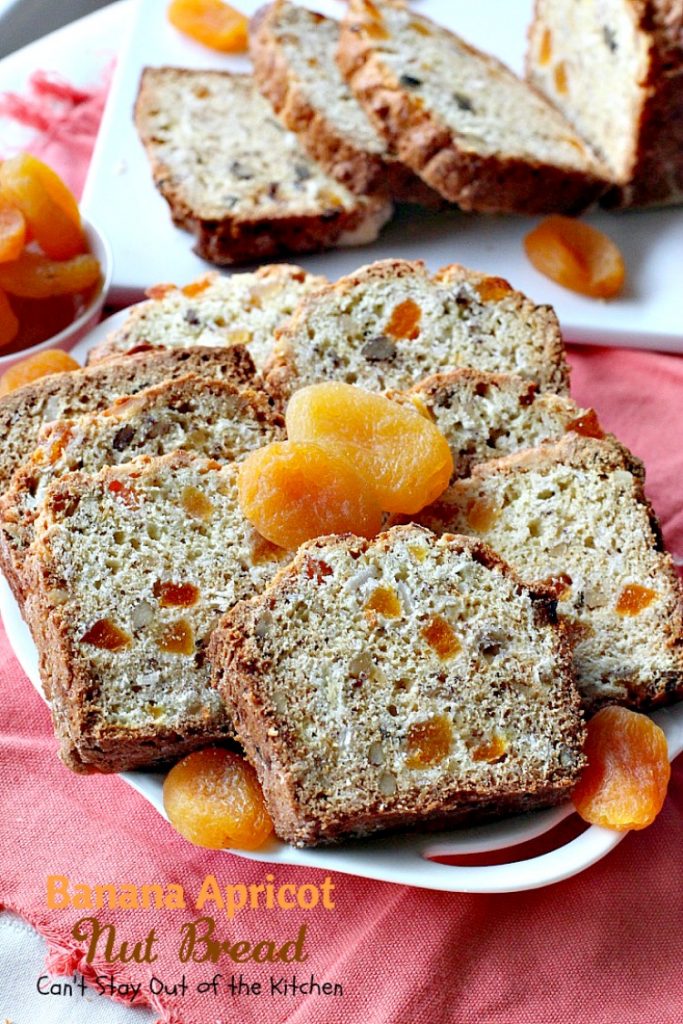 Banana Apricot Nut Bread | Can't Stay Out of the Kitchen | this fabulous sweet #bread is filled with #apricots #bananas #walnuts and #coconut & is absolutely heavenly. Great for #breakfast or to serve alongside your favorite soup. We spread it with cream cheese.
