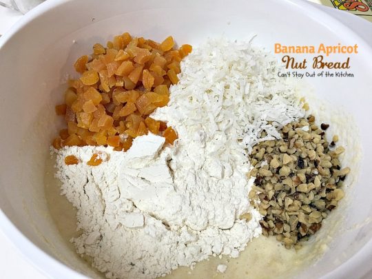 Banana Apricot Nut Bread | Can't Stay Out of the Kitchen | this fabulous sweet #bread is filled with #apricots #bananas #walnuts and #coconut & is absolutely heavenly. Great for #breakfast or to serve alongside your favorite soup. We spread it with cream cheese.